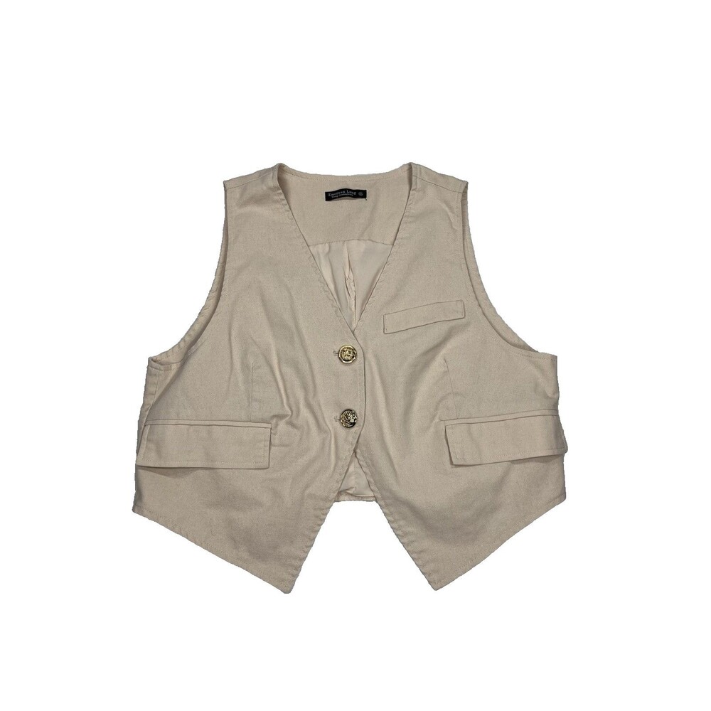 Emerson Lang Women XL Beige Linen Blend Button Vest Waistcoat Coastal Minimalist